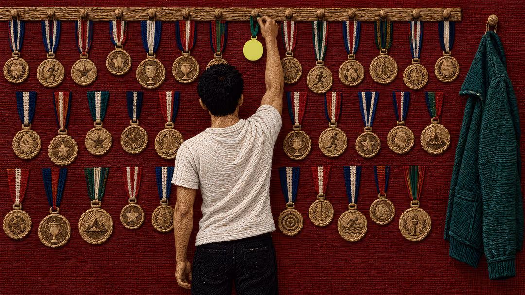 Embroidered illustration: a teenager seen from behind hangs a medal on a wall covered in medals; a green jacket hangs on a hook beside them.