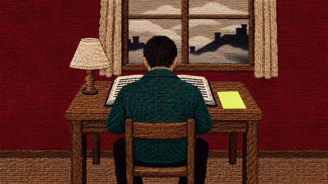 Embroidered illustration: a man in a green jacket, seen from behind, studies a thick book at a small table at night; fog and rooftops through the window.