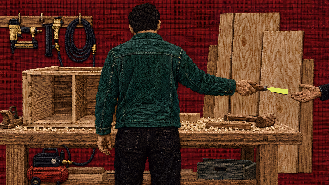 Embroidered illustration: a man in a green jacket, seen from behind, hands a chisel across a cabinet-shop workbench to a second pair of hands.