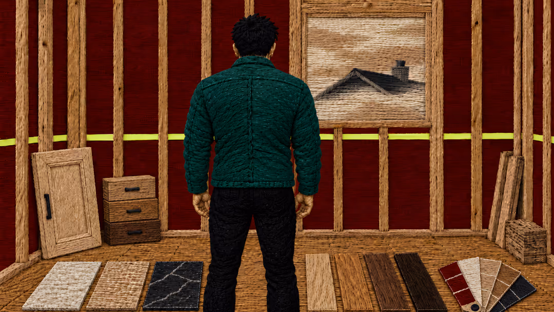 Embroidered illustration: a man in a green jacket stands in an unfinished room of bare studs; tile, flooring and paint samples laid out on the floor before him.