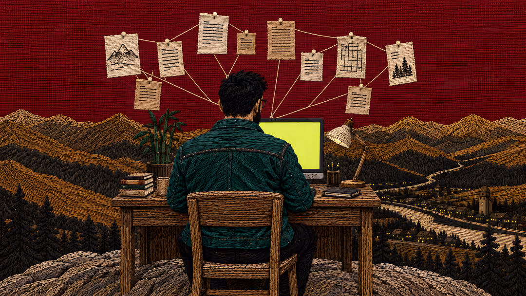 Embroidered illustration: the same man in a green jacket at his desk, now standing on the summit rock at night; pinned papers hang in the sky above him, joined by threads that all lead down to the one lit screen; the town lights below.