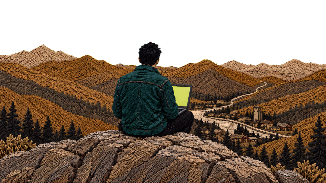 Embroidered illustration: a man in a green jacket sits on a summit rock with an open laptop, a river and a small town in the valley below.